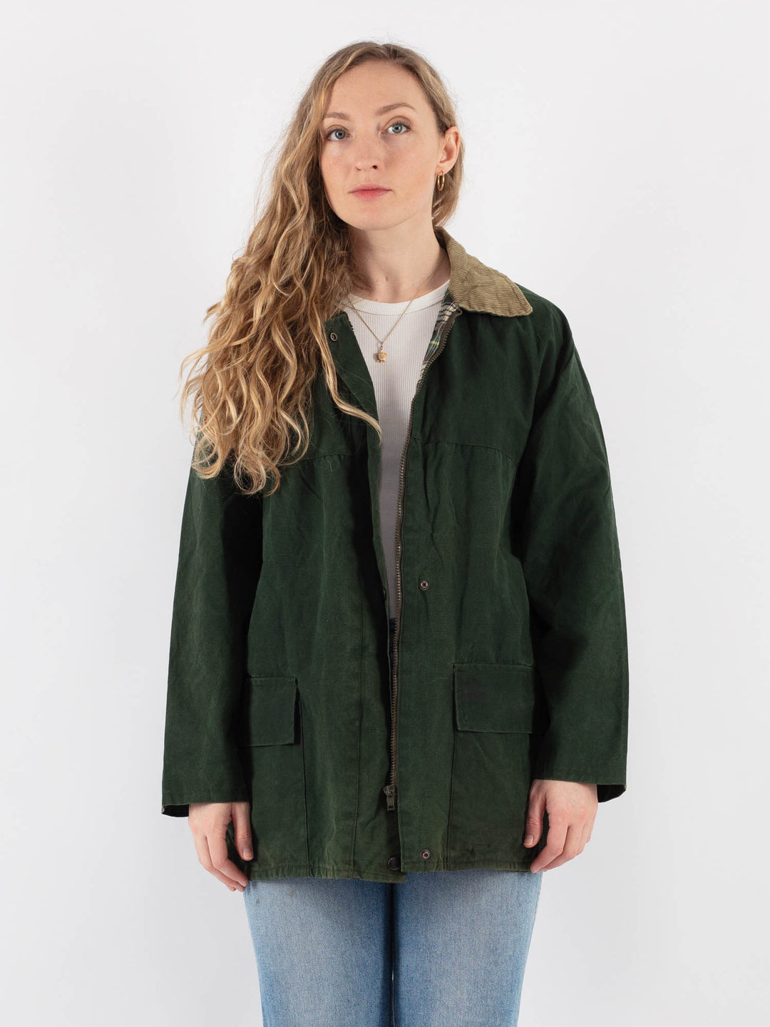 Vintage 90's Women Waxed Cotton Jacket in Green V9399