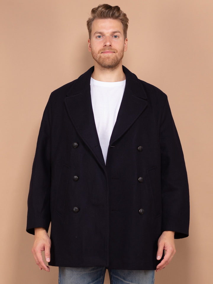 Vintage 80's Men Wool Blend Peacoat in Navy Blue - NorthernGrip