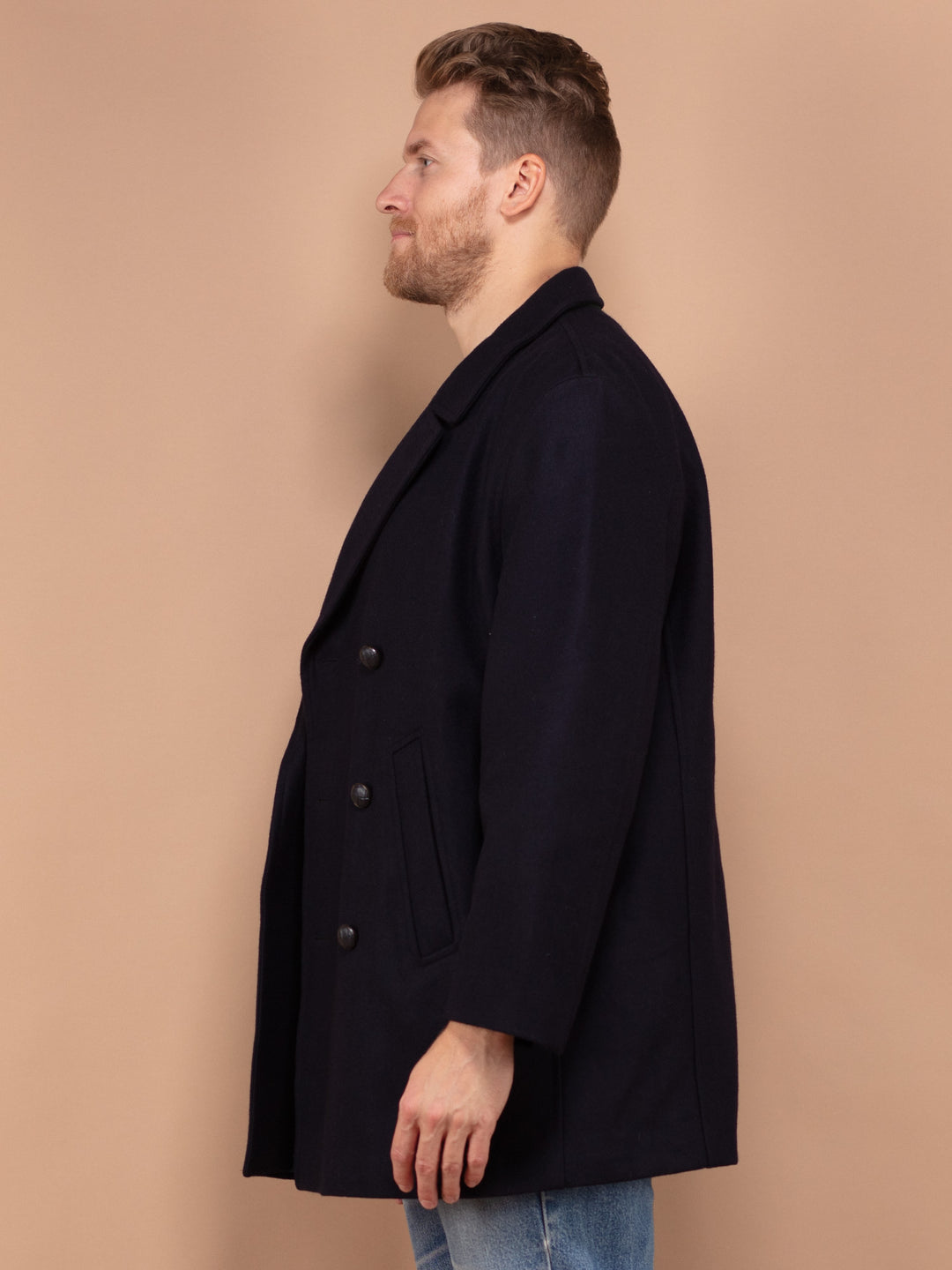 Vintage 80's Men Wool Blend Peacoat in Navy Blue - NorthernGrip