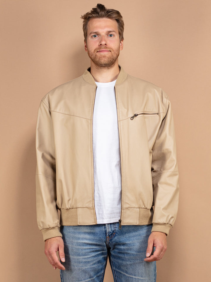 Vintage 90's Men Leather Bomber Jacket in Beige - NorthernGrip