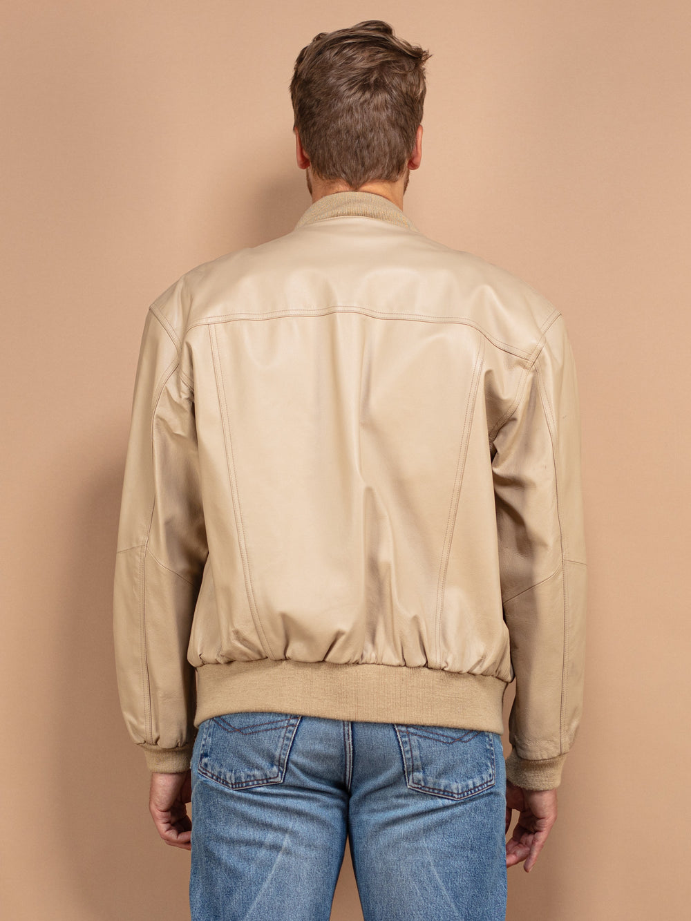 Vintage 90's Men Leather Bomber Jacket in Beige - NorthernGrip