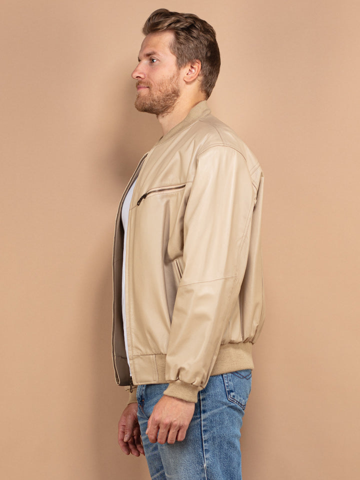 Vintage 90's Men Leather Bomber Jacket in Beige - NorthernGrip