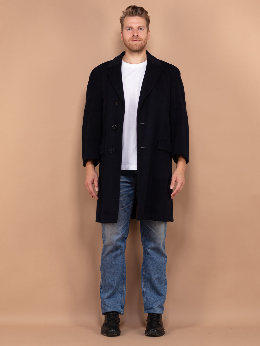 Vintage 80's Men Wool Blend Coat in Navy - NorthernGrip