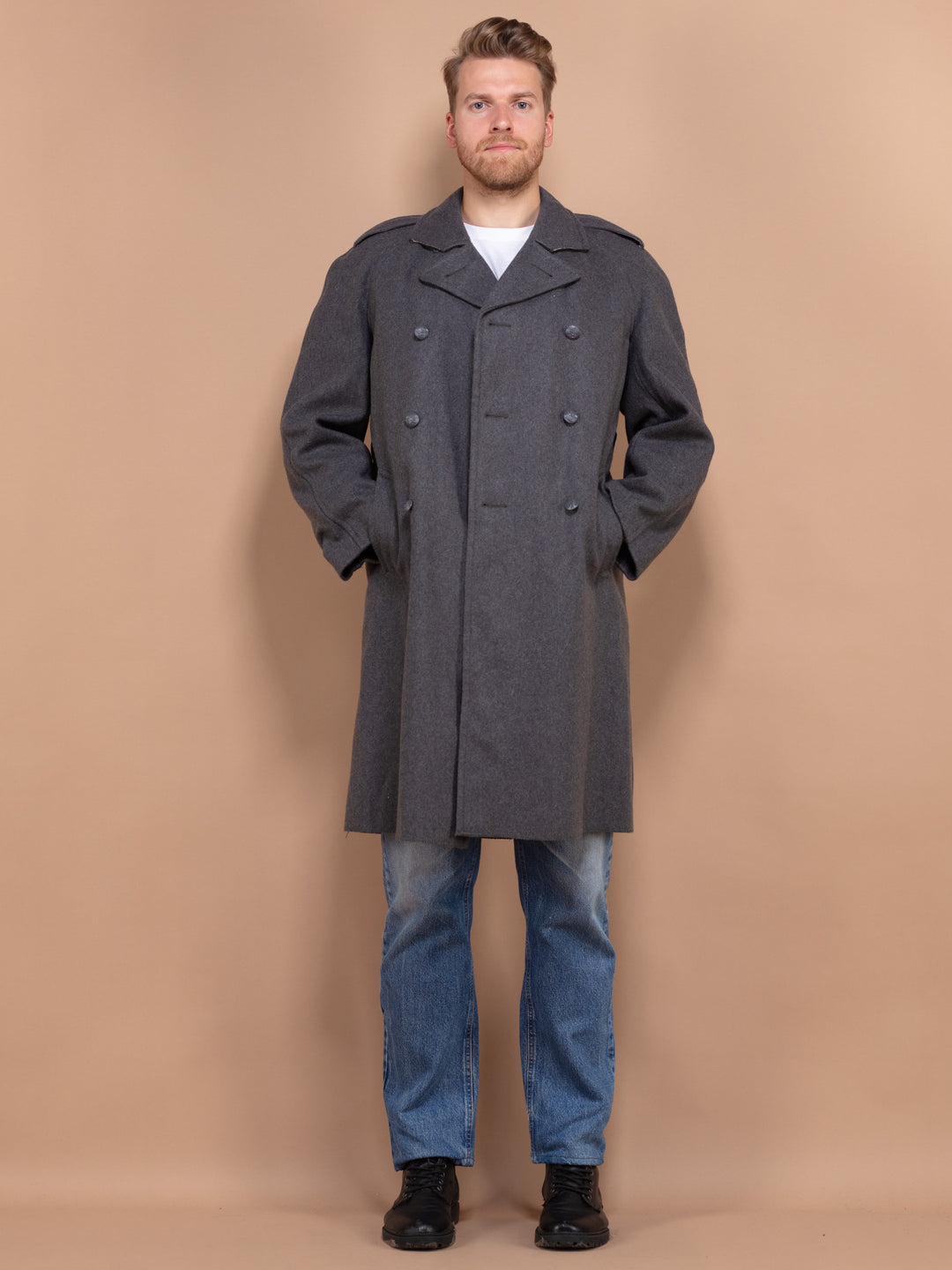 Vintage 70's Men Military Wool Coat in Grey - NorthernGrip