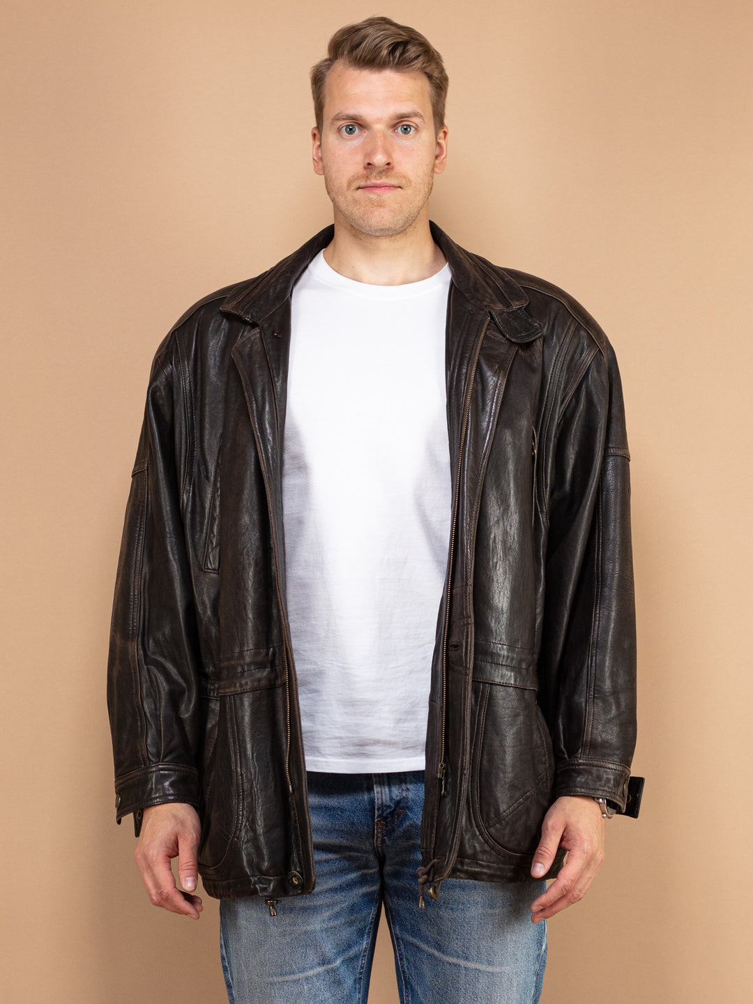 Vintage 80's Men Leather Jacket in Brown - NorthernGrip