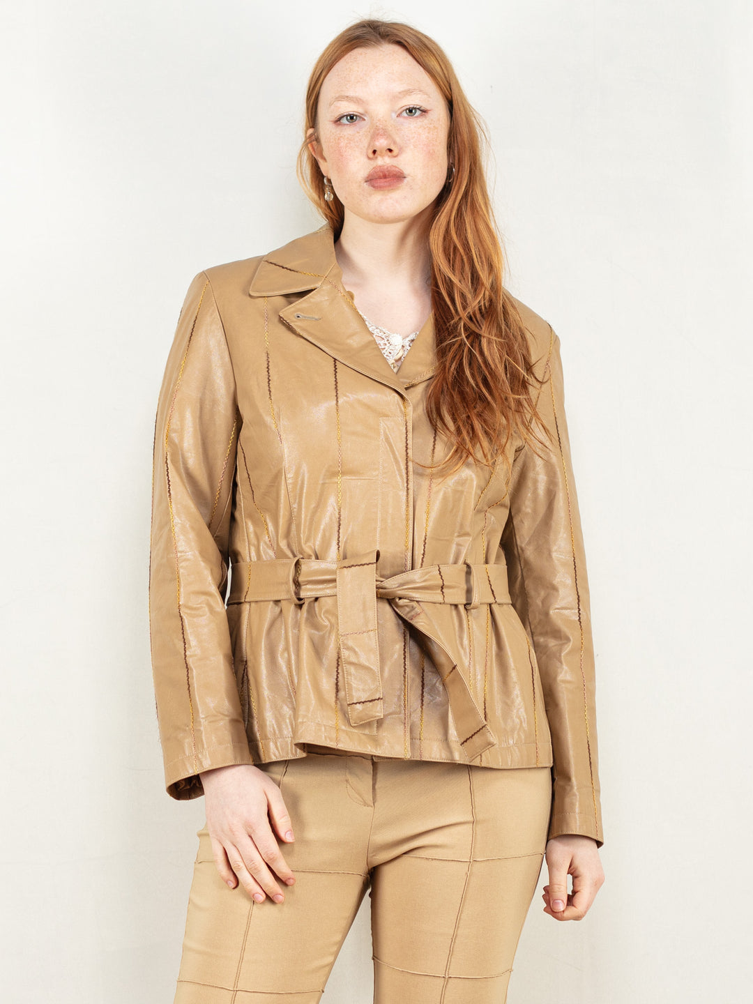 Vintage 80's Women Faux Leather Blazer Jacket in Beige - NorthernGrip