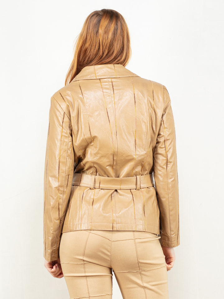 Vintage 80's Women Faux Leather Blazer Jacket in Beige - NorthernGrip