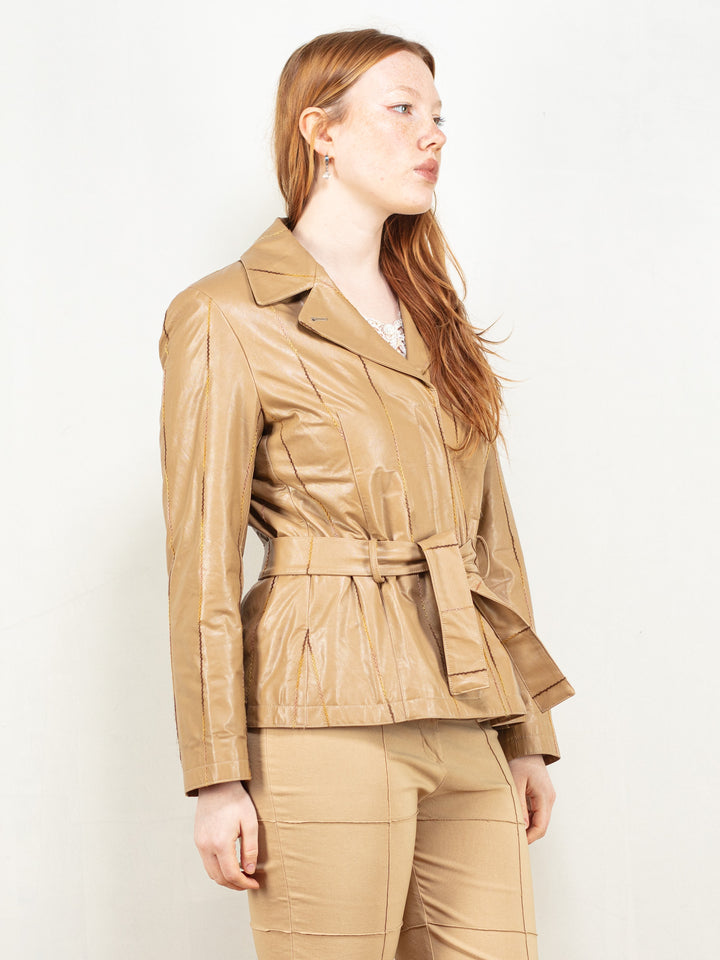 Vintage 80's Women Faux Leather Blazer Jacket in Beige - NorthernGrip