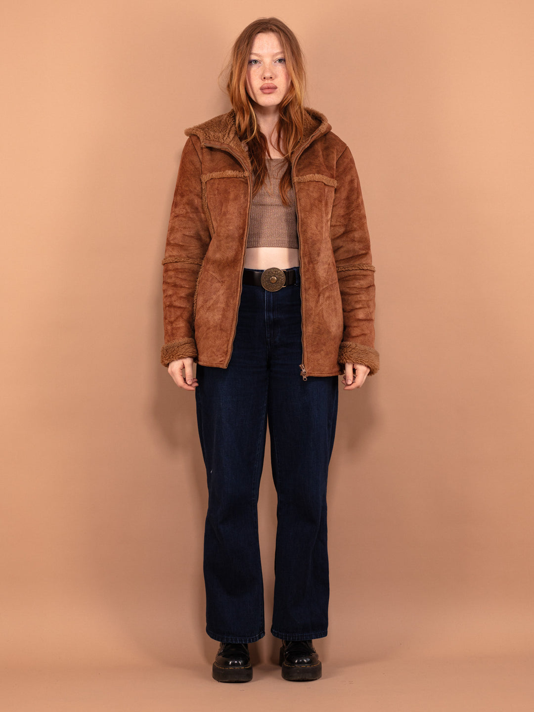 Vintage 00's Women Hooded Sherpa Jacket in Brown - NorthernGrip
