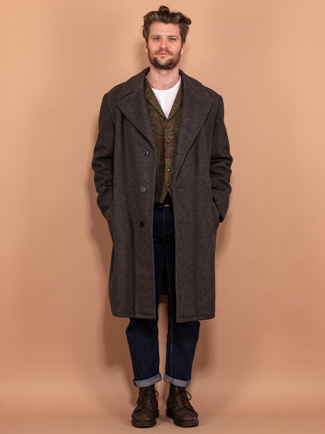 Vintage 70's Men Heavy Insulated Wool Coat in Grey - NorthernGrip