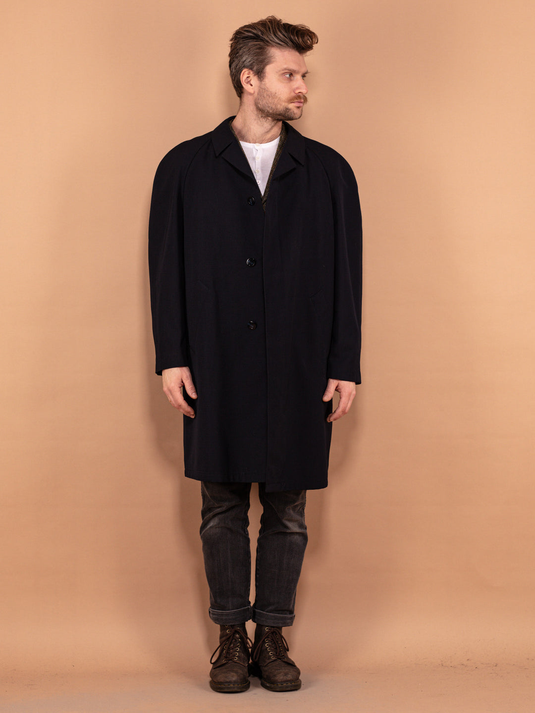 Vintage 70's Men Minimalist Wool Blend Coat in Navy Blue - NorthernGrip