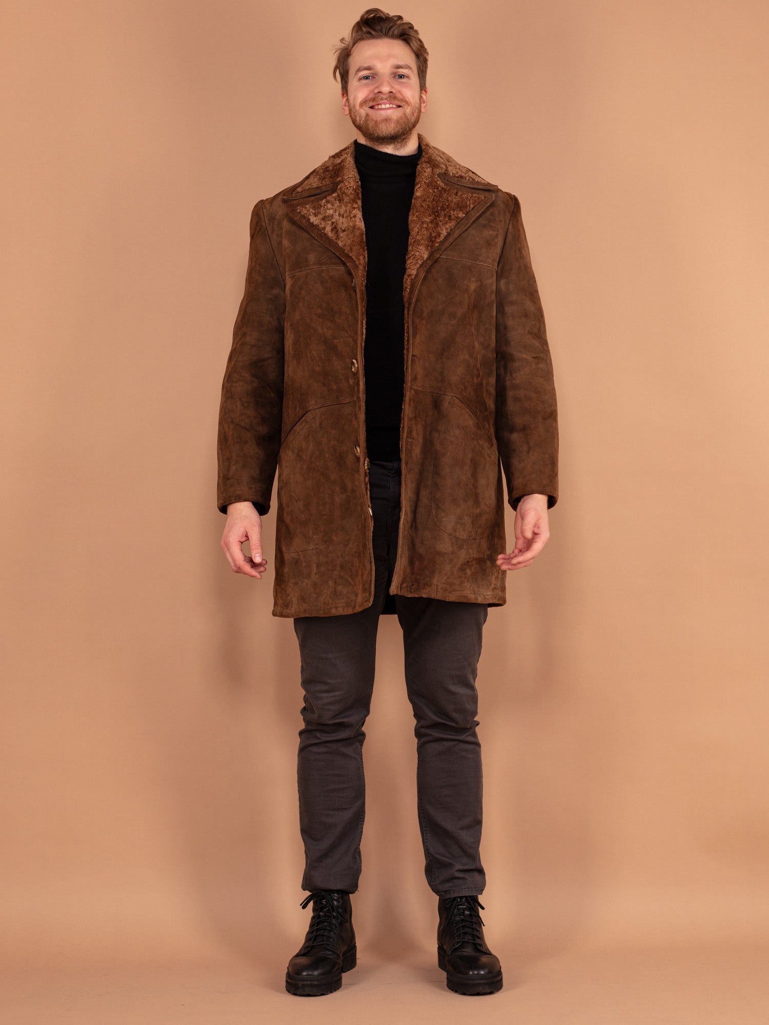 Online Vintage Store 70 s Men Sheepskin Lined Suede Coat in Brown Northern Grip NorthernGrip