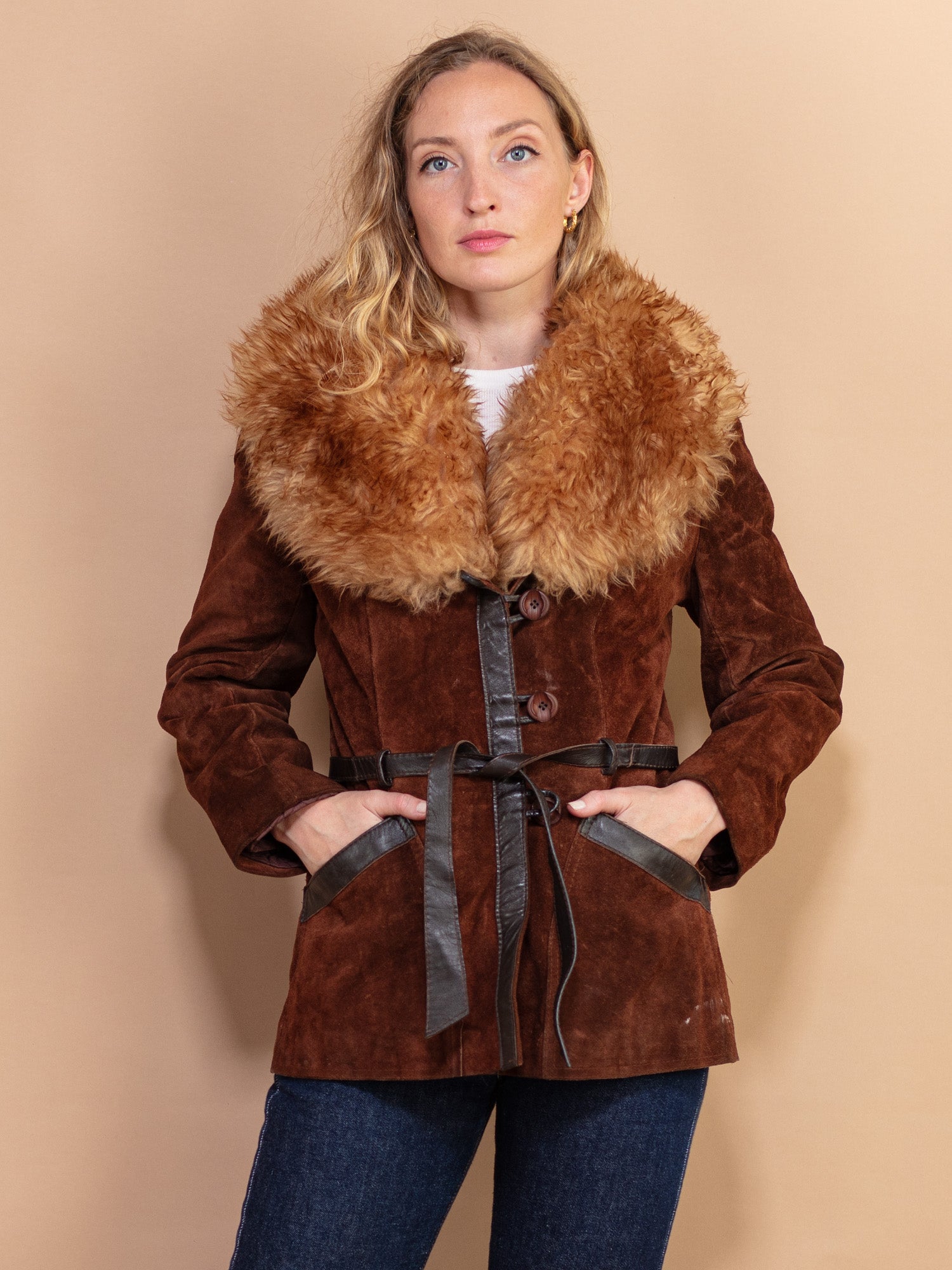 Vintage 90s Georgiou Studio Brown Suede Fur Trim Penny Lane Coat Women's Size hotsell S