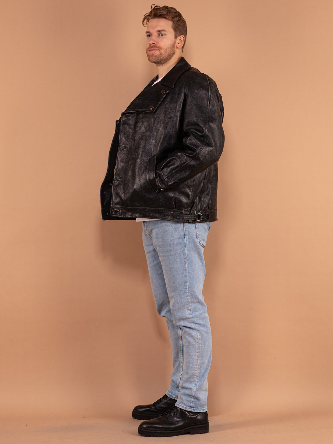 Vintage 80's Men Biker Leather Sheepskin Jacket in Black - NorthernGrip