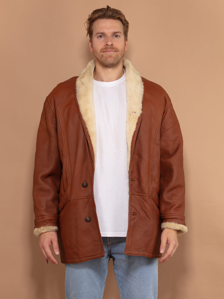 Vintage 80's Men Shearling Leather Coat in Brown - NorthernGrip