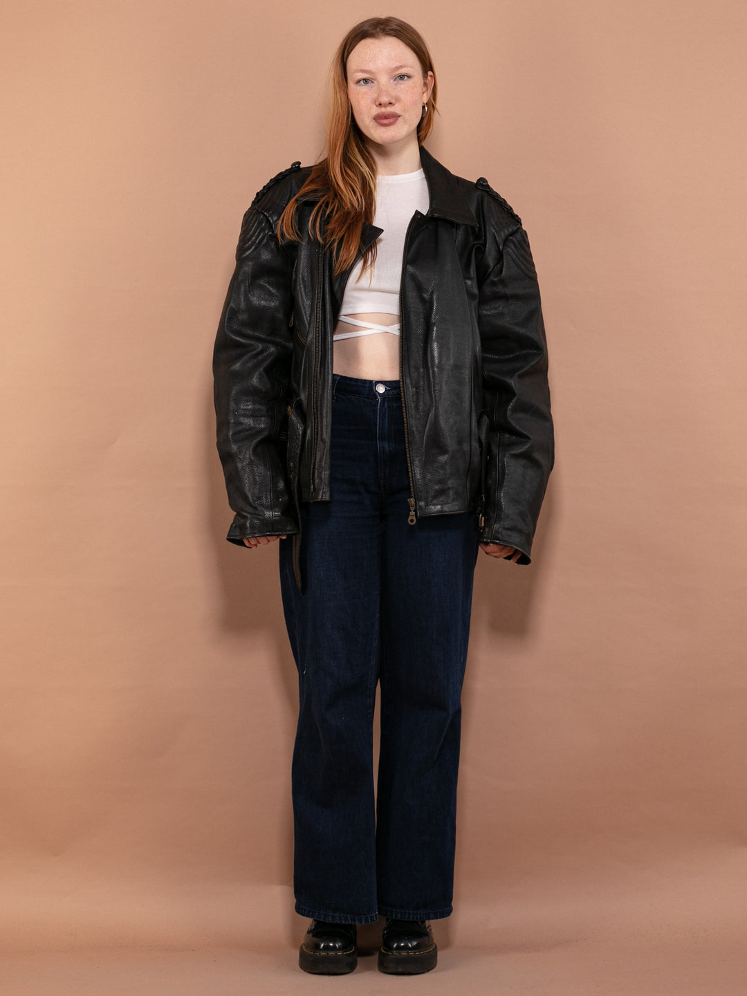 Vintage 80's Women Oversized Leather Biker Jacket in Black - NorthernGrip