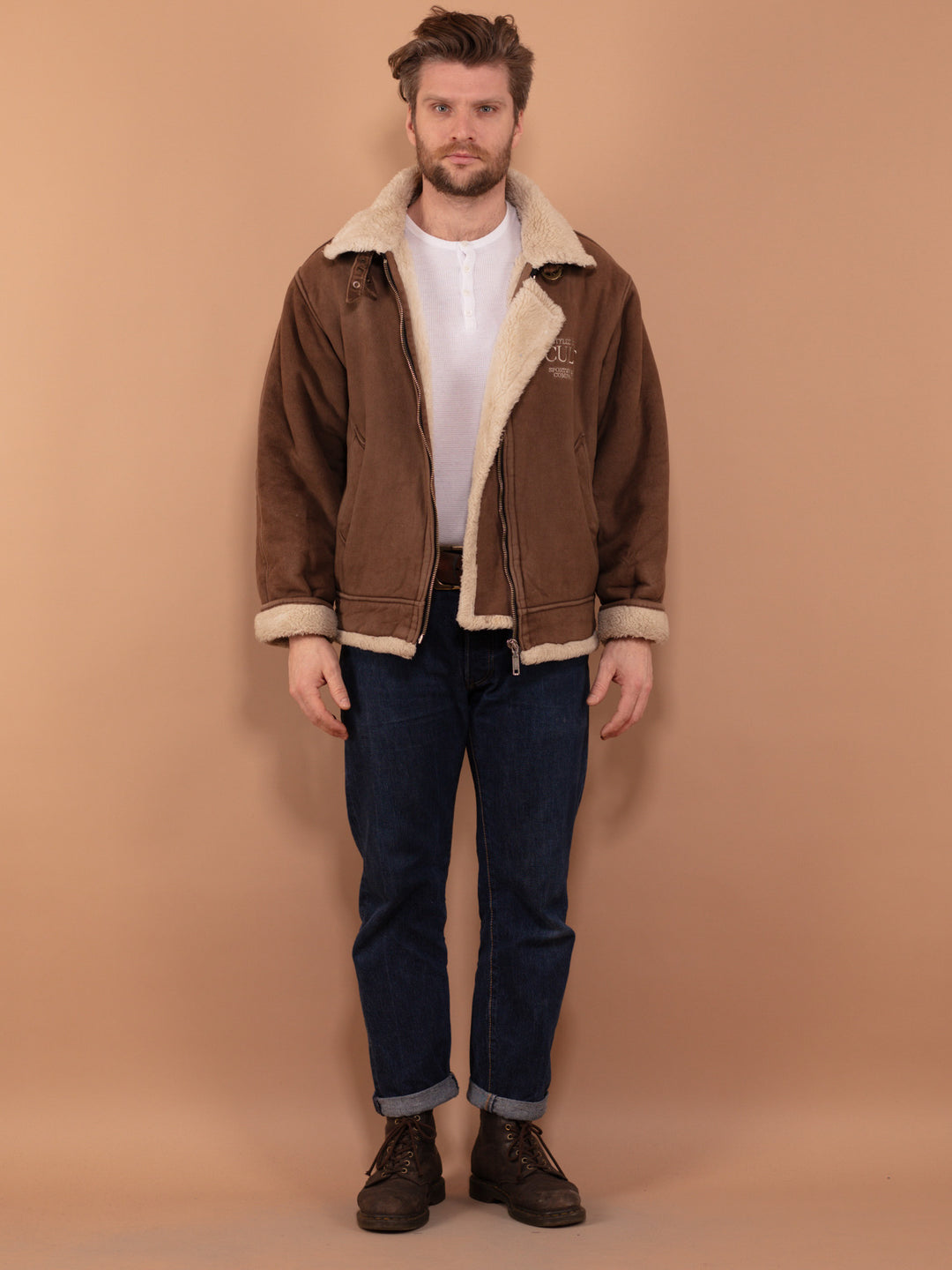 Vintage 90's Men B-3 Style Sherpa Bomber Jacket in Brown - NorthernGrip