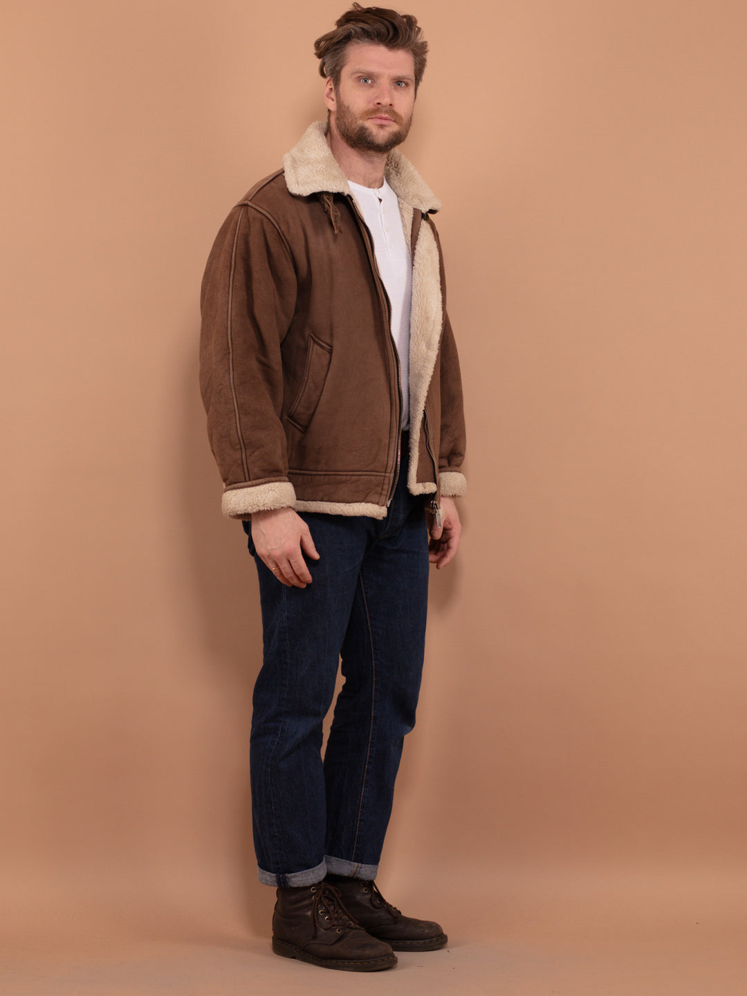Vintage 90's Men B-3 Style Sherpa Bomber Jacket in Brown - NorthernGrip