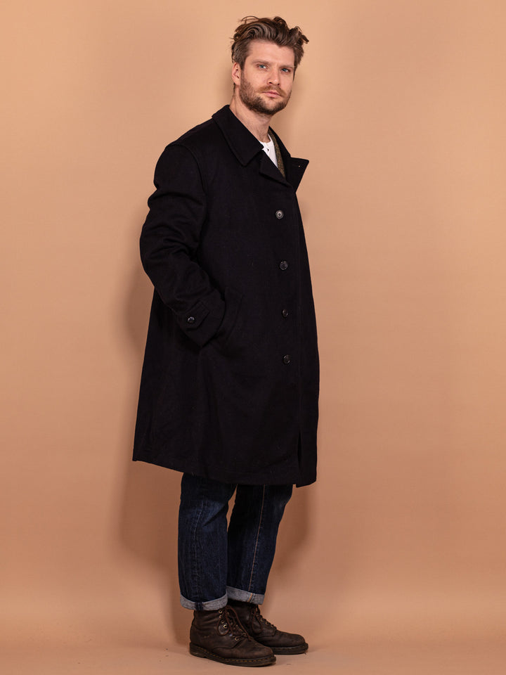 Vintage 90's Men Loden Wool Overcoat in Navy Blue - NorthernGrip