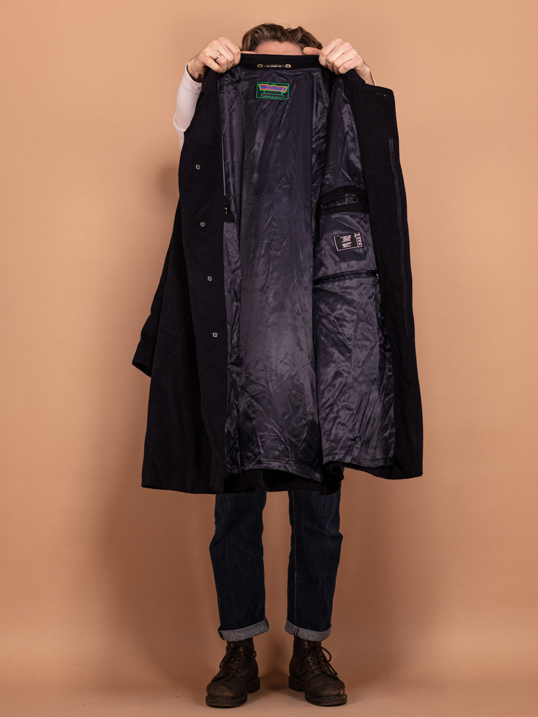 Vintage 90's Men Loden Wool Overcoat in Navy Blue - NorthernGrip