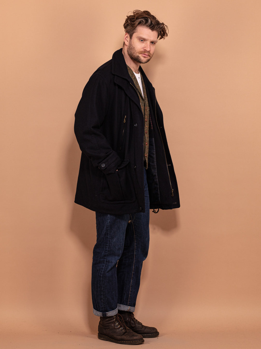 Vintage 90's Men Wool Blend Parka Jacket in Black - NorthernGrip