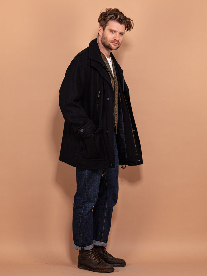 Vintage 90's Men Wool Blend Parka Jacket in Black - NorthernGrip