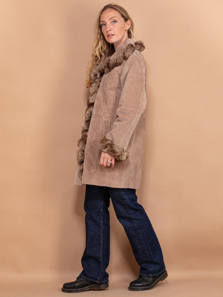 Vintage 90's Women Faux Fur Trimmed Suede Coat in Beige - NorthernGrip