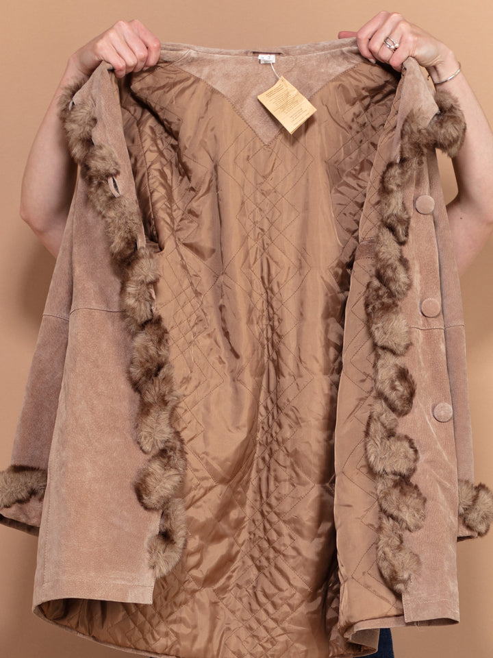 Vintage 90's Women Faux Fur Trimmed Suede Coat in Beige - NorthernGrip