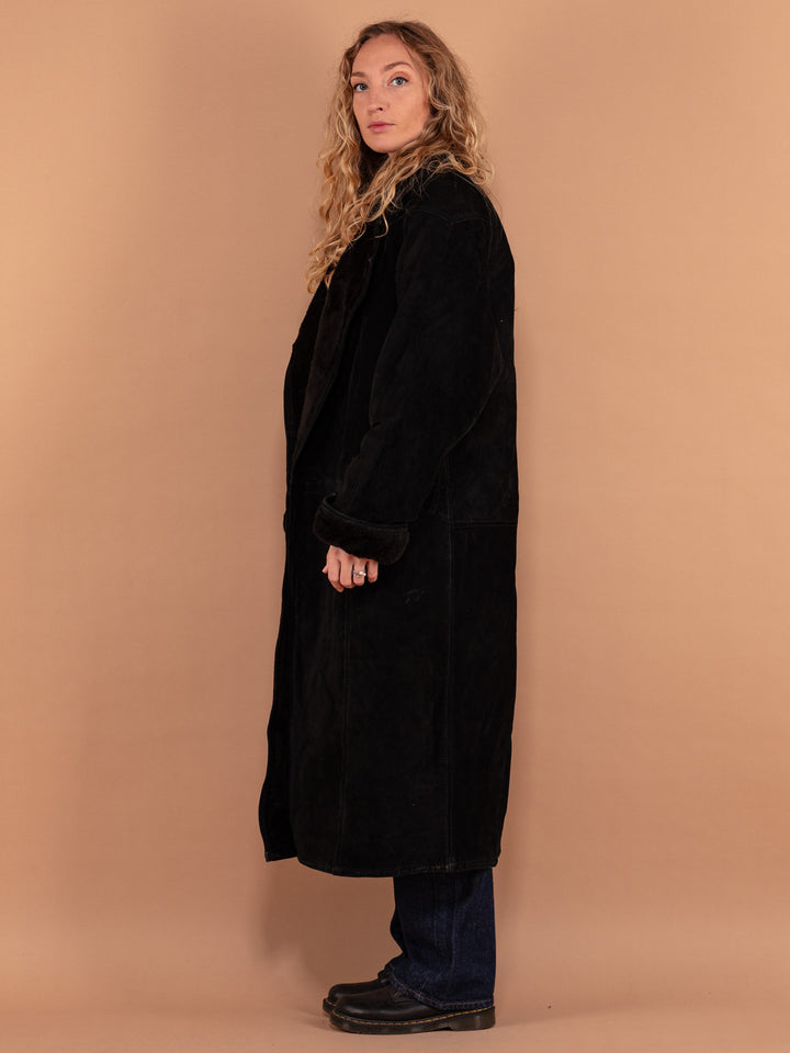 Black Suede Overcoat 90s, Size Large, Vintage Genuine Suede Coat, Faux Sheepskin Coat, Maxi Length Women Coat, 80s Long Sherpa Lined Coat