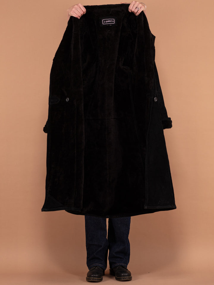 Black Suede Overcoat 90s, Size Large, Vintage Genuine Suede Coat, Faux Sheepskin Coat, Maxi Length Women Coat, 80s Long Sherpa Lined Coat