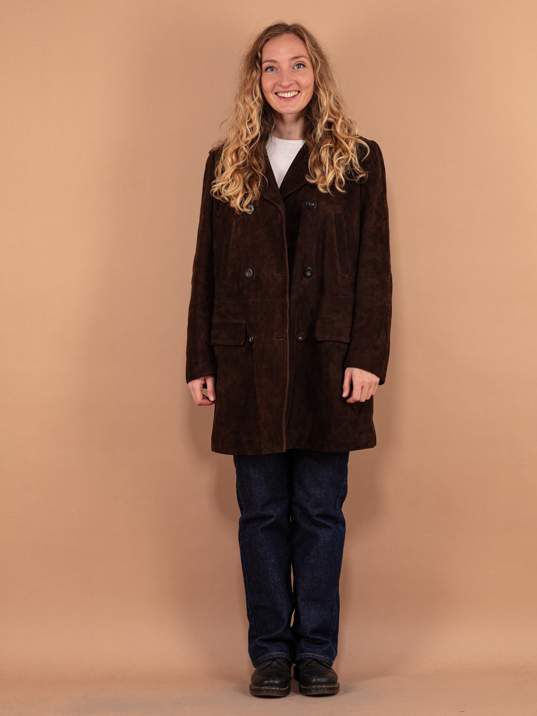 Vintage Brown Suede Coat 90's, Size Large, Faux Fur Collar Autumn Coat, Women Suede Peacoat, Classic Style Outerwear, Retro Leather Coat