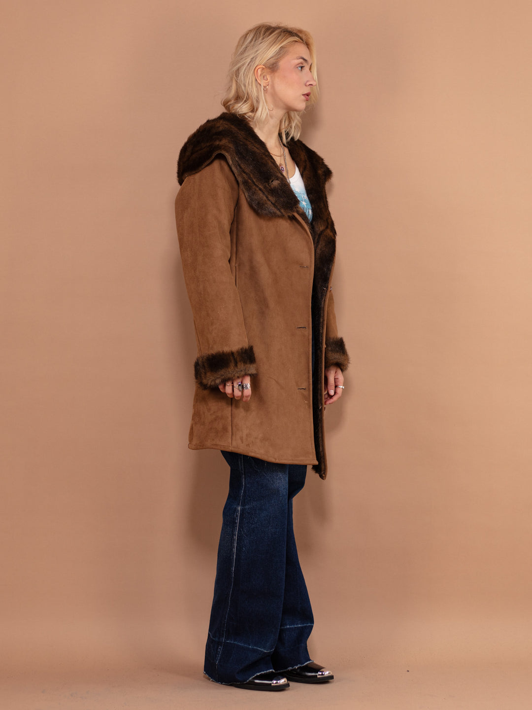 Vintage 90's Women Faux Fur Lined Coat in Brown - NorthernGrip