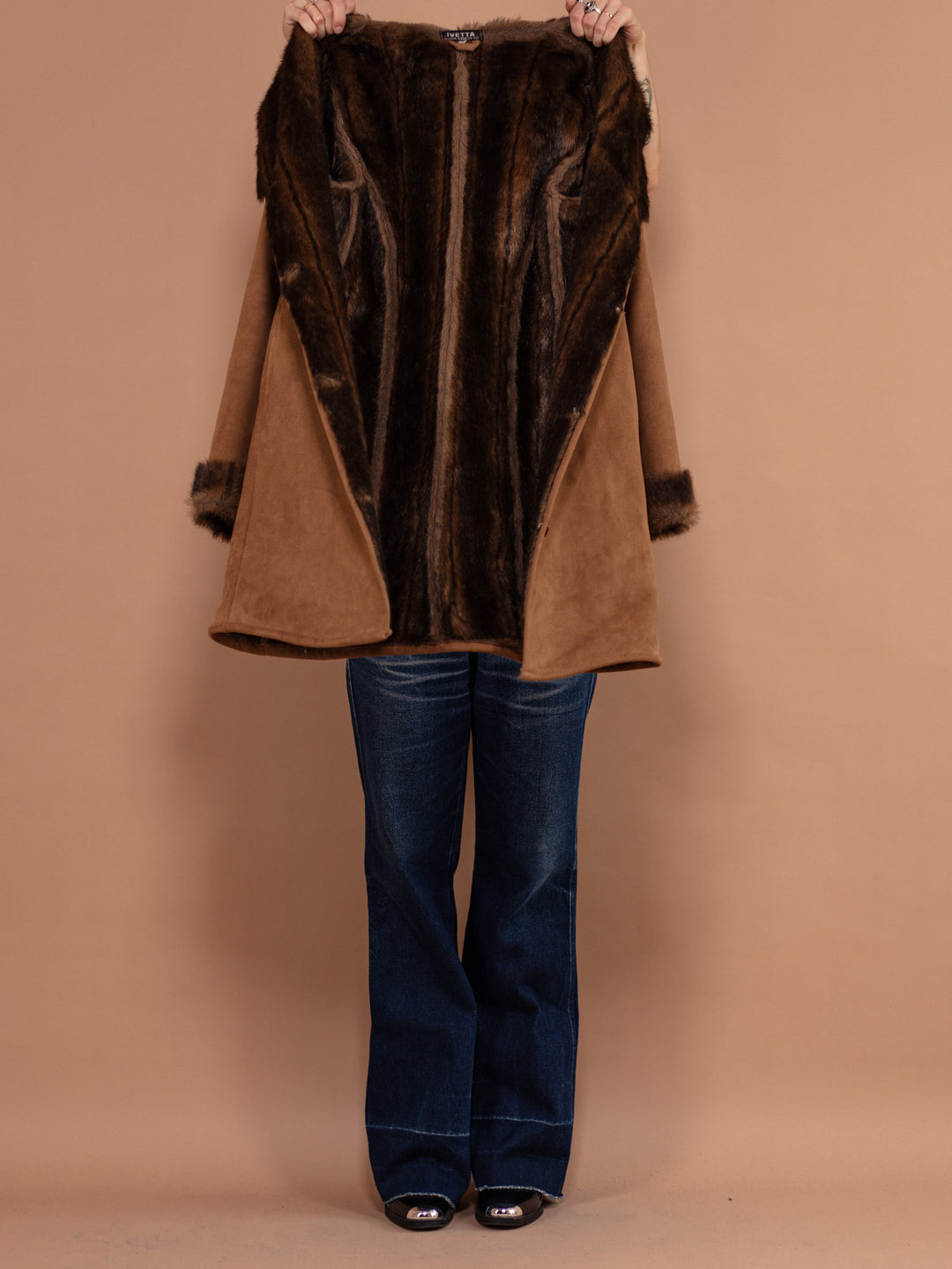 Vintage 90's Women Faux Fur Lined Coat in Brown - NorthernGrip