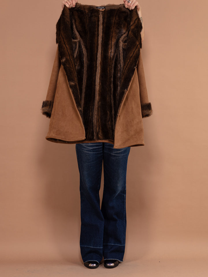 Vintage 90's Women Faux Fur Lined Coat in Brown - NorthernGrip