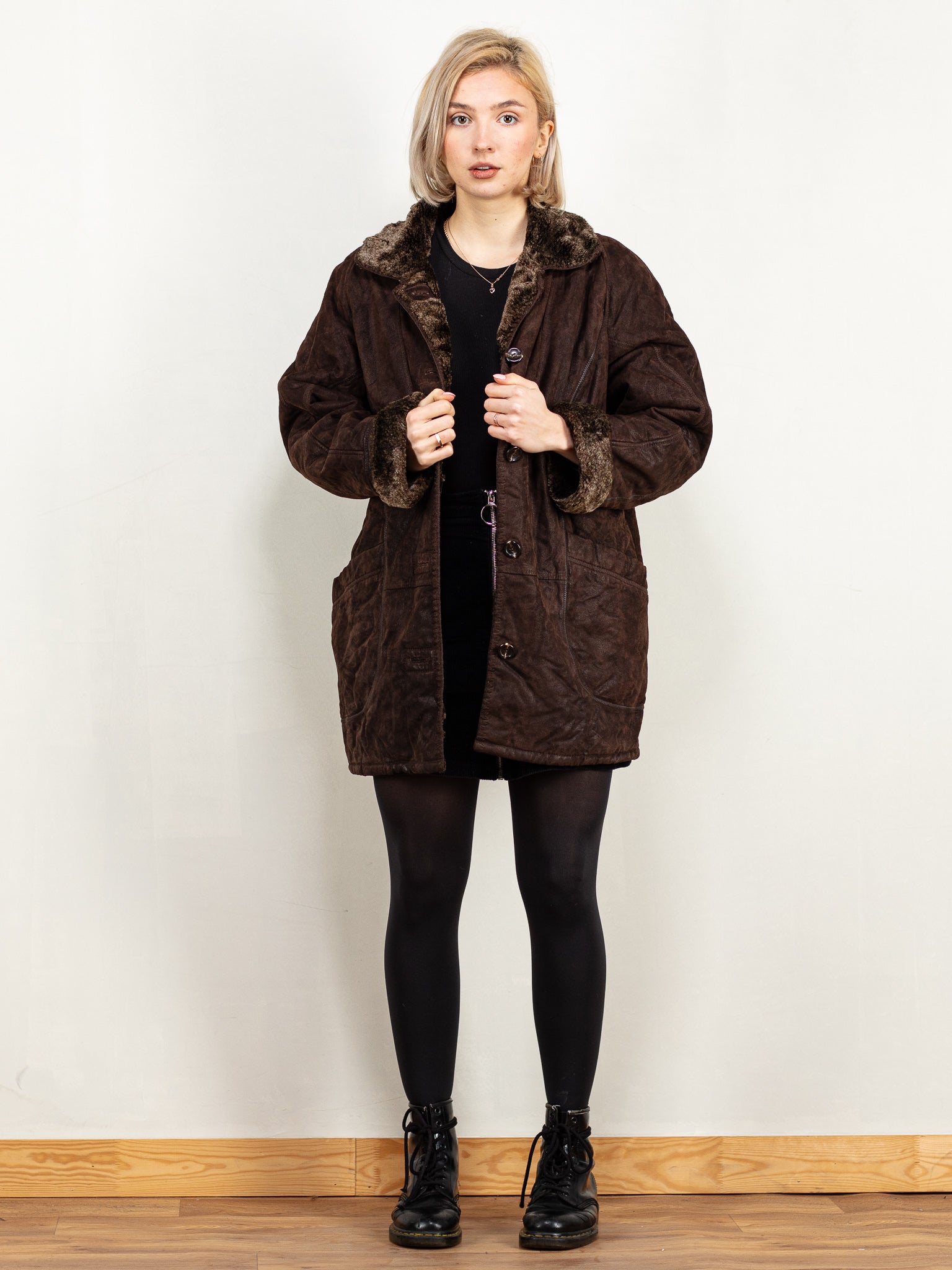 90s / Y2K Brown 100% Suede Sherpa Longline Jacket