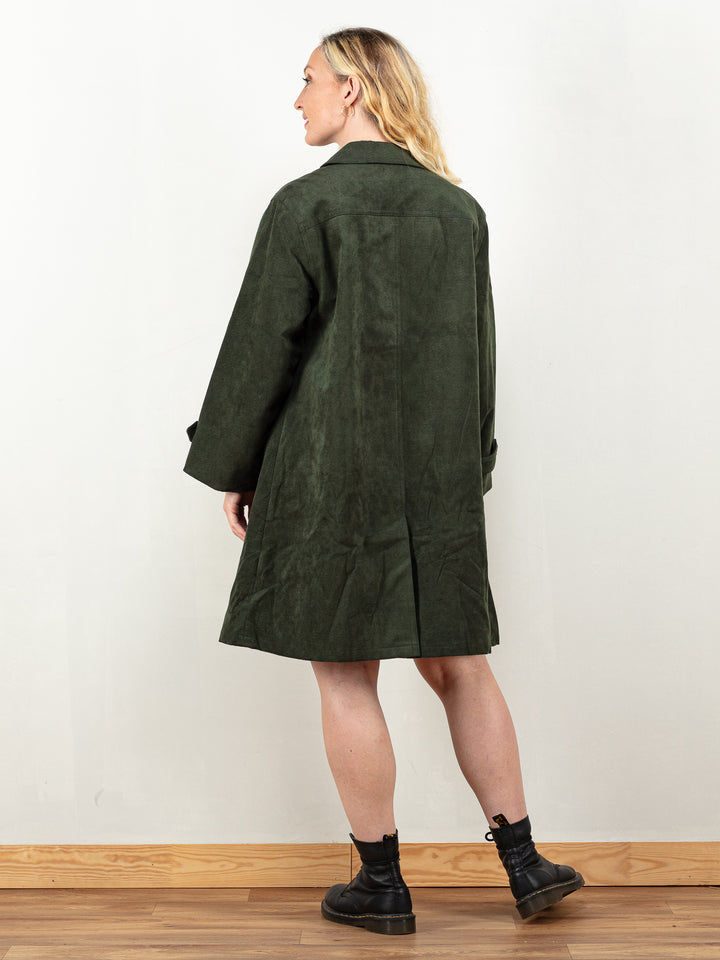 Faux Suede Coat vintage women forest green light autumn coat 70's moss green lightly insulated trench coat minimalist Mac coat size medium