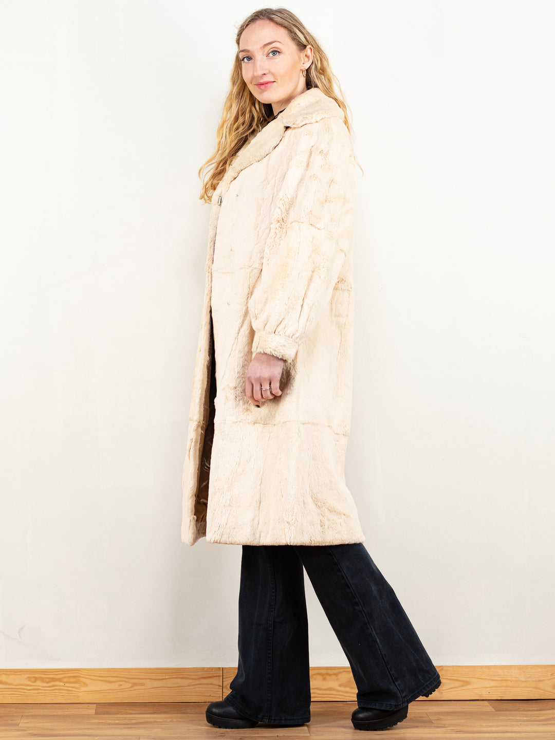 70's Fur Coat vintage womens beige rabbit fur retro princess luxurious maxi coat winter overcoat sustainable fashion size small