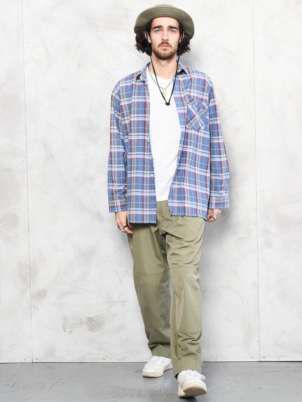 Vintage 90's Men Plaid Blue Shirt - NorthernGrip