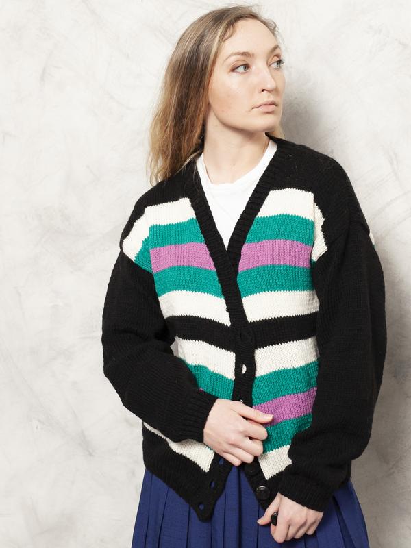 Vintage 80's Women Artsy Striped Cardigan - NorthernGrip