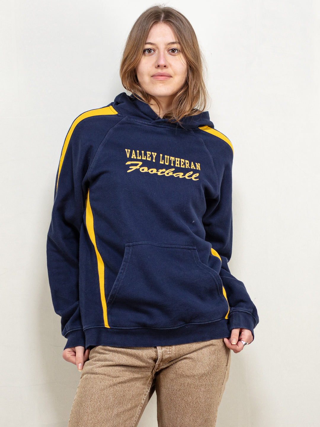 Valley Lutheran Hoodie 90's vintage collage football team hoodie blue pullover sports sweatshirt vintage women sportswear size large L