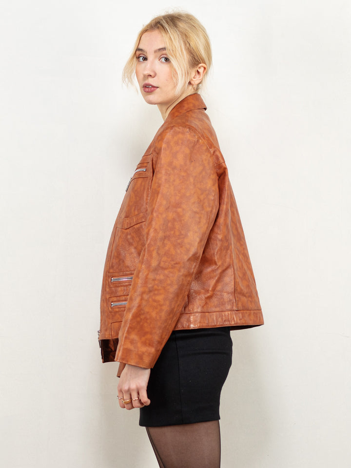 Vintage 80's Women Leather Bomber Jacket in Brown - NorthernGrip