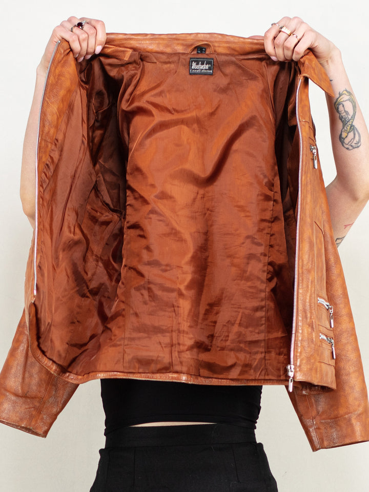 Vintage 80's Women Leather Bomber Jacket in Brown - NorthernGrip