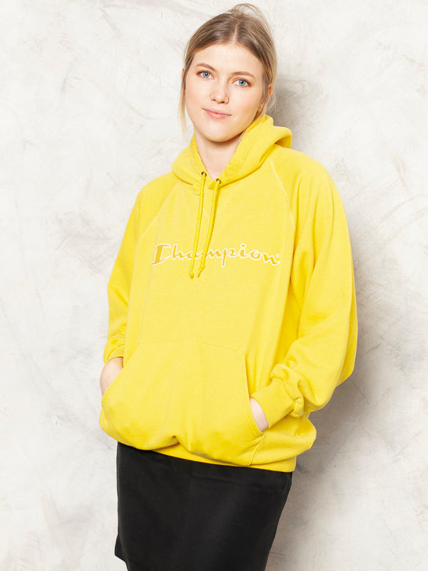 Yellow CHAMPION Sweatshirt Vintage 90's Hooded Women Pullover Cotton Blend Hoodie Cozy Home Sweatshirt Women Clothing size Extra Large XL