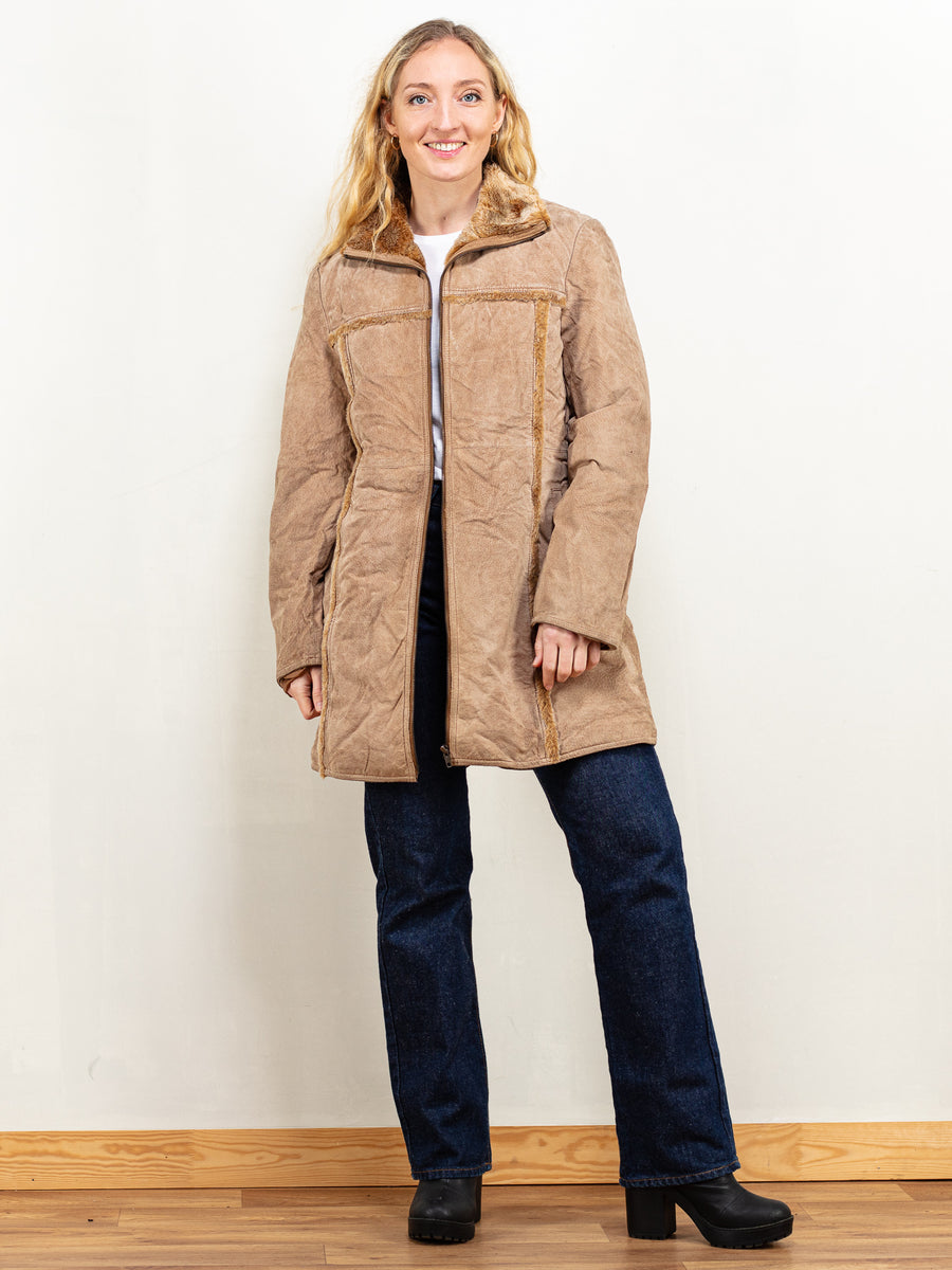 Beige Suede Sherpa Coat 00's, Size Medium, Y2K Penny Lane Style
