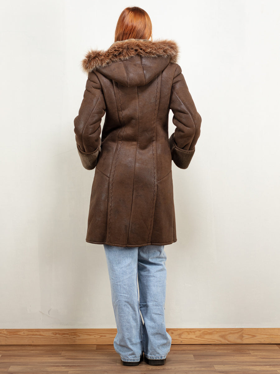 Vintage 90 s Women Hooded Faux Suede Coat in Brown