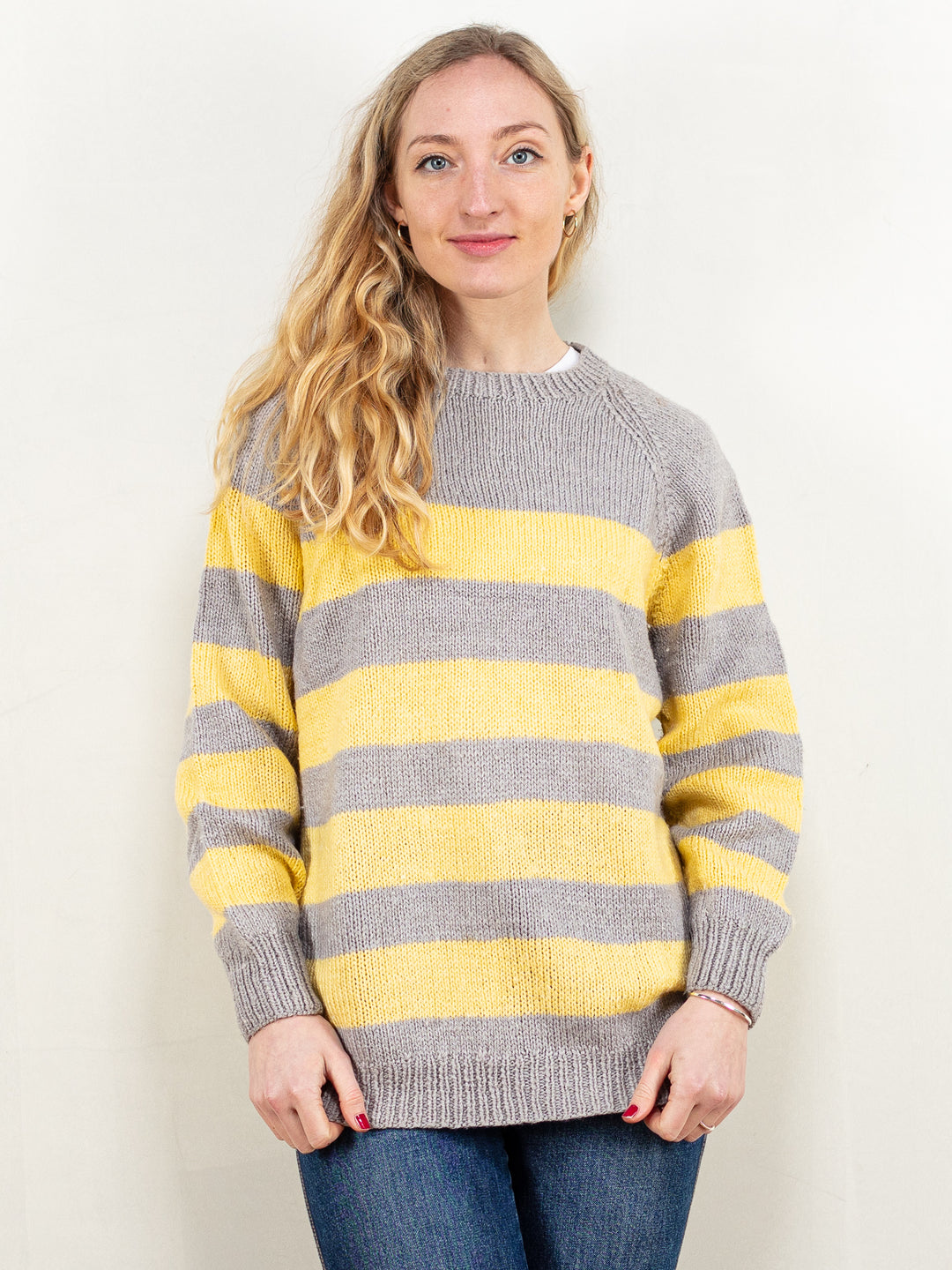 Hand Knit Sweater vintage 90's chunky knit grey yellow raglan sleeve sweater stripe knit jumper winter pullover women clothing size large