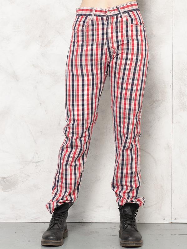 Plaid Flare Pants Women Vintage 80s Checkered Pants Lightweight