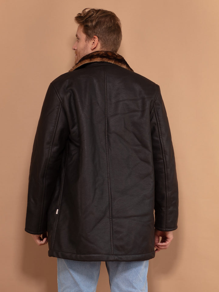 Vintage 00's Men Faux Leather Shearling Coat in Black - NorthernGrip