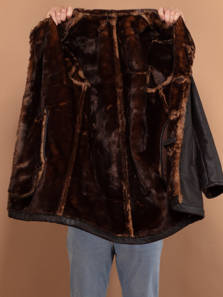Vintage 00's Men Faux Leather Shearling Coat in Black - NorthernGrip