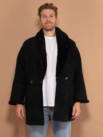 Vintage Shearling Coat 00s, Size Medium, Vintage Men Sheepskin Coat, Boho Style Warm Winter Coat, Black Suede Coat, Gift for Men